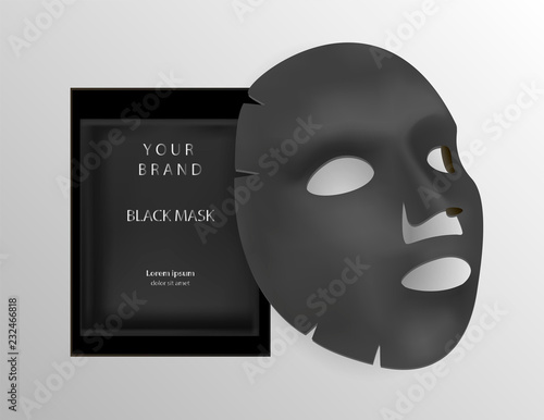 Black facial sheet mask cosmetics ads. 3d Realistic vector illustration. Package design for face mask isolated on background.