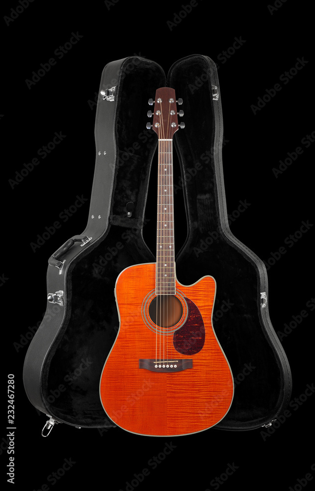 Musical instrument - Front view orange electro acoustic guitar in hard case isolated