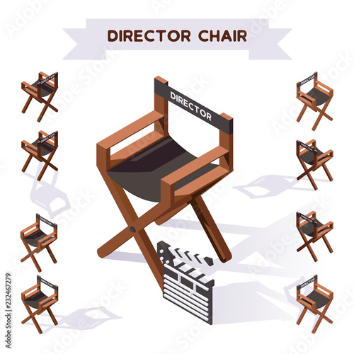 Vector 3d illustration with director chair making movie in isometric style. Various foreshortening, shadows. Backstage filming collection
