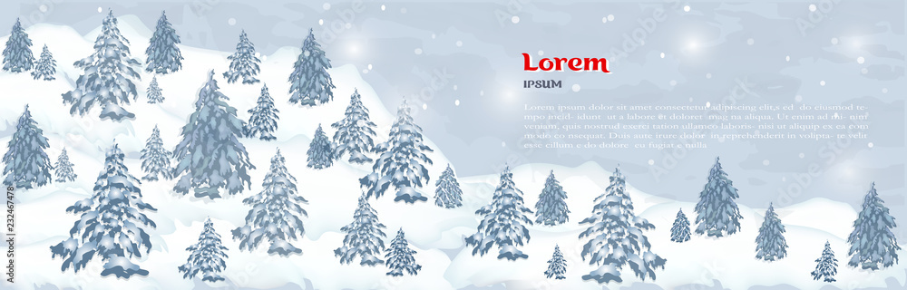realistic composition of winter forest and white snow. vector banner, web header of winter pines, Christmas trees and white snow. realistic winter background with text.