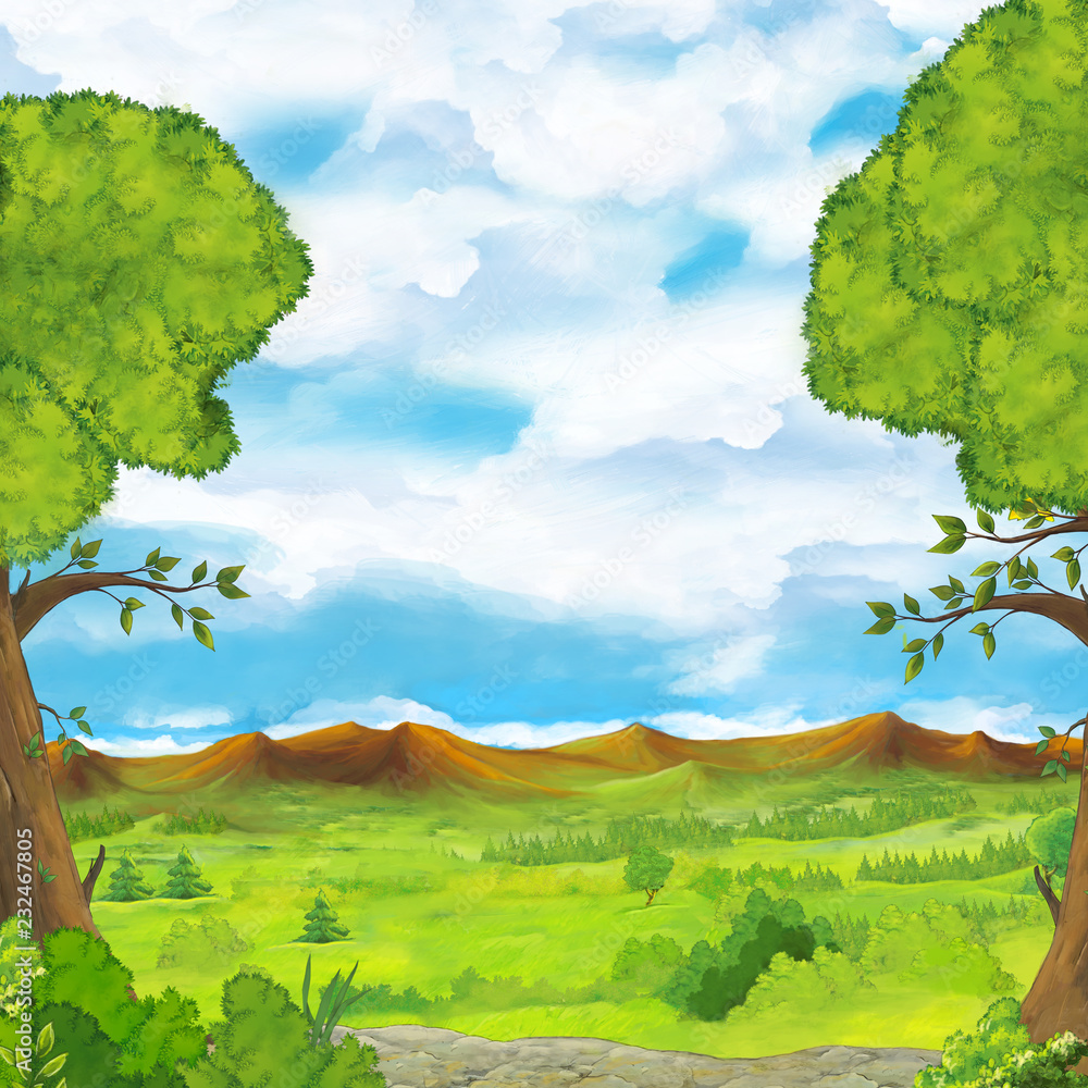 Fototapeta premium cartoon scene with meadow mountains and trees - stage for different usage - illustration for children