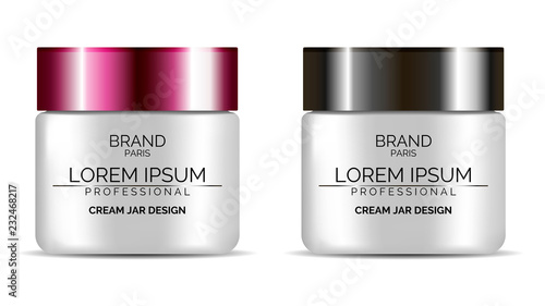 Facial cream jar ads. Vector illustration of round Cosmetic packaging set with lid for face or body care product: cream, moisturizer, powder,  butter.