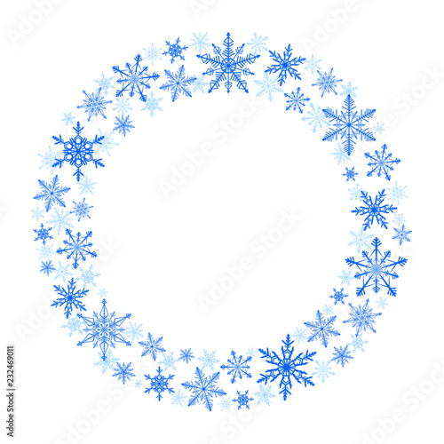 Winter wreath of blue snowflakes on white background. Cold weather winter symbols