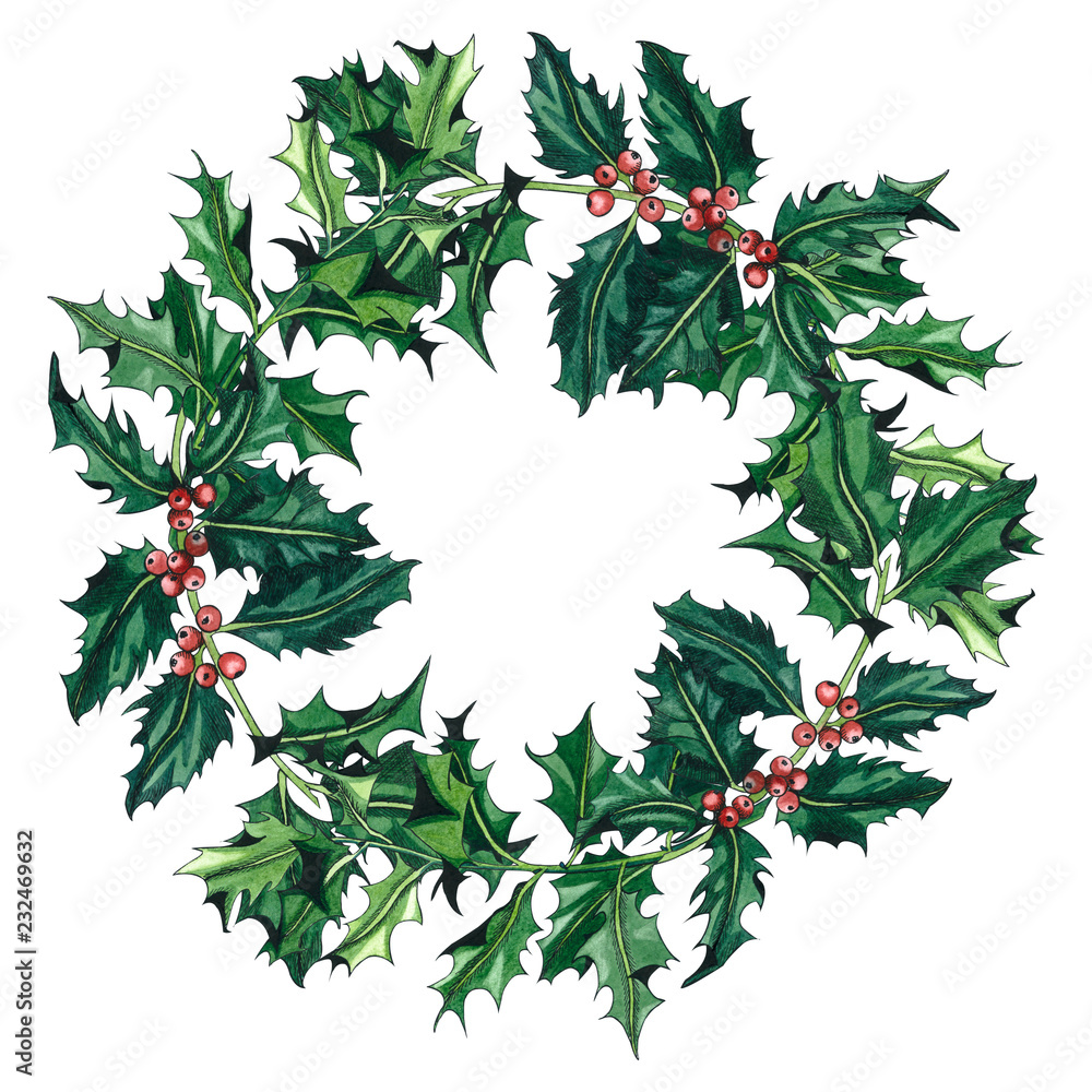 Watercolor winter wrath of holly tree twig. Watercolor winter wrath of holly tree twig.