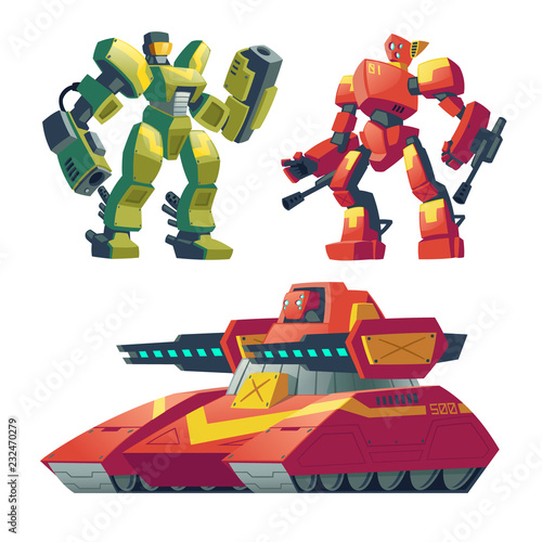 Vector cartoon combat robots with red tank. Battle androids with artificial intelligence, military vehicle isolated on white background for games. Futuristic soldiers, robotic toys.