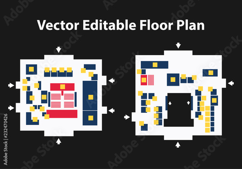 Vector editable floor plan. Suitable as a map of campus, office, production hall, shopping mall, work place, event and more.