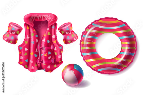 Vector realistic set with pink rubber ring, life jacket and armbands with pattern, inflatable beach ball for kids isolated on white background. Equipment for swimming and playing in pool and sea