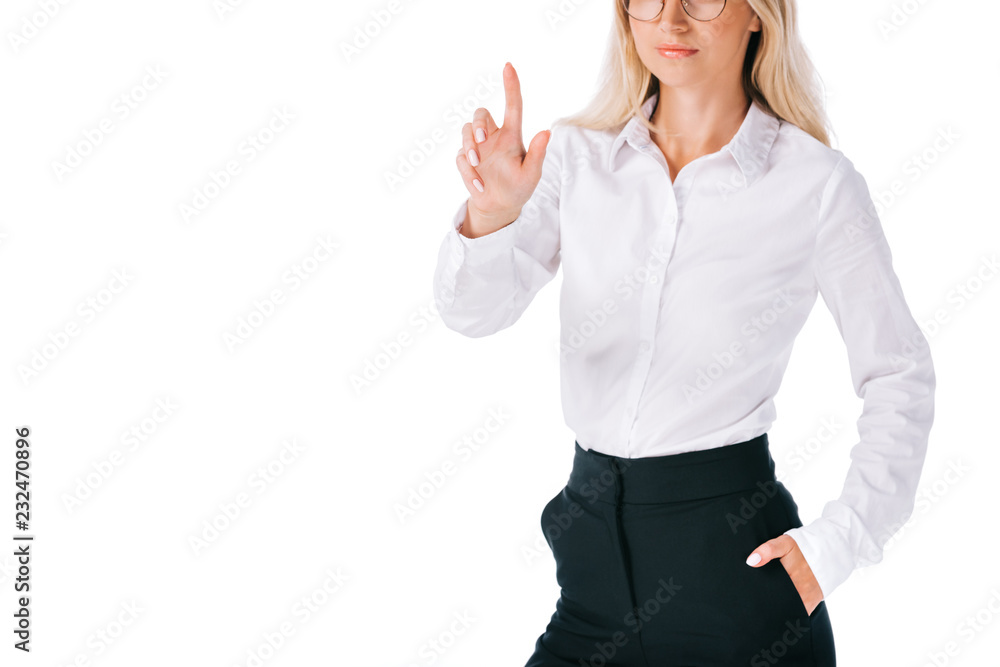 partial view of businesswoman in formal wear gesturing isolated on white partial view of businesswoman in formal wear gesturing isolated on white