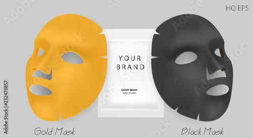 Black and gold facial mask cosmetics ads. Realistic vector illustration. Package design for face mask isolated on grey background.