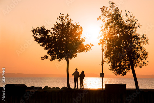 Romantic couple idea of evening walk near water, silhouettes of couple in love standing between two trees and admiring sunset landscape of setting sun sky above the sea horizon