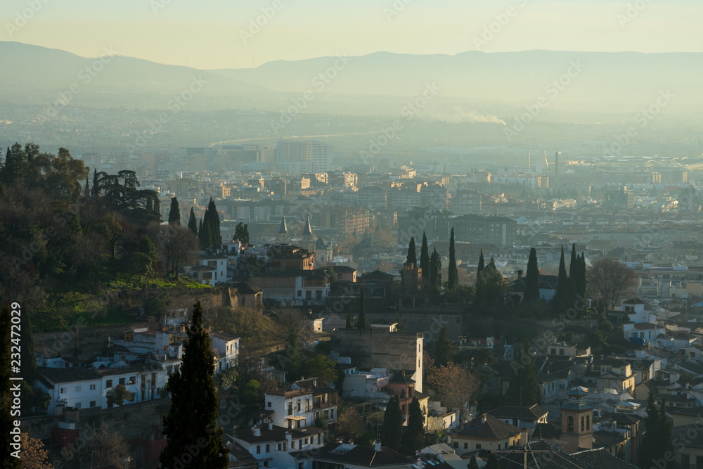 Fototapeta premium View of Granada city from San Nicolas viewpoint (Mirador de San Nicolas). Granada, Spain