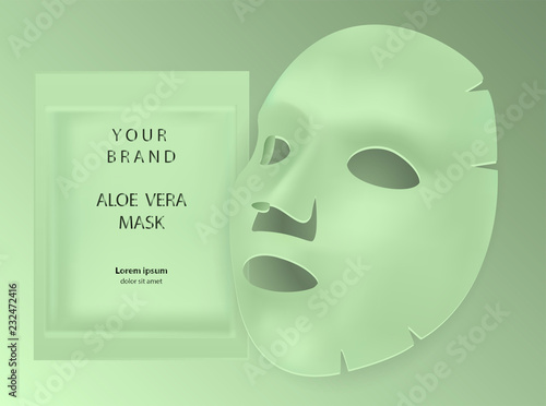 Aloe vera facial mask cosmetics ads. Package design for face mask isolated on grey background. Realistic vector illustration.