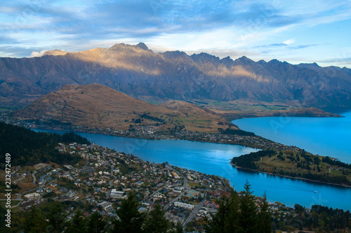 Breathtaking Queenstown New Zealand resort city panorama with The Remarkables mountains range and Lake Wakatipu  the world s capital of adventures  South Island  Otago