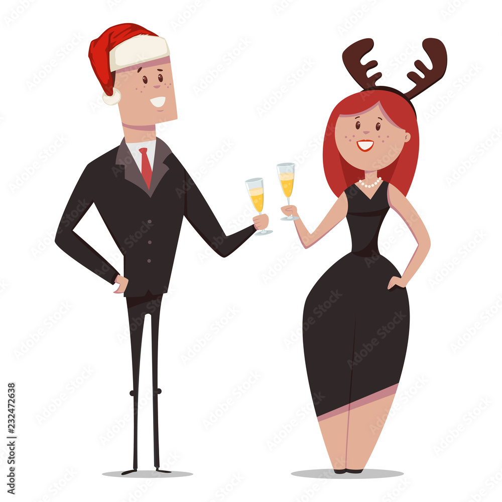 Business people in office suits with a glass of champagne celebrate Christmas. Vector cartoon characters of men in santa claus hat and women with deer horns isolated on white background. Business people in office suits with a glass of champagne celebrate Christmas. Vector cartoon characters of men in santa claus hat and women with deer horns isolated on white background.