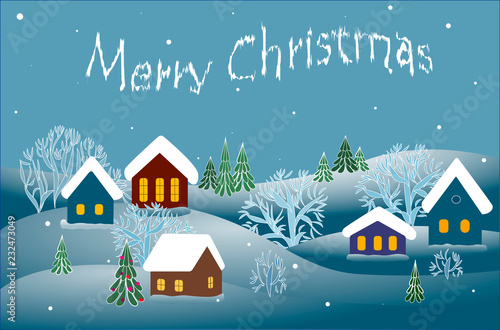 Merry Christmas. Winter landscape. Houses, trees. Blue. Vector