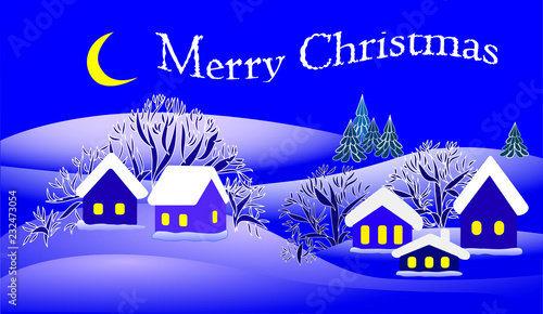 Merry Christmas. Winter landscape. Houses, trees. Blue. Vector
