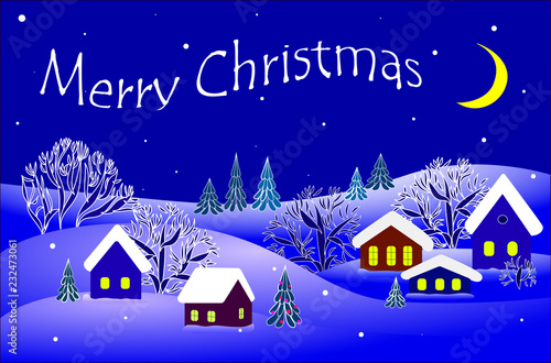 Merry Christmas. Winter landscape. Houses, trees. Blue. Vector