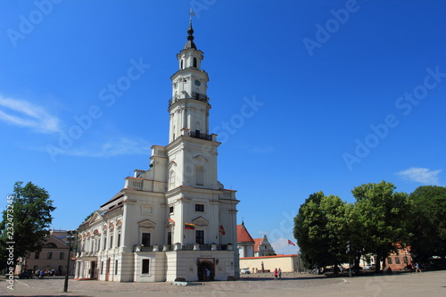 Town Hall White Swan in the center of Kaunas at the Town Hall Square in Lithuania in the spring against a blue sky.