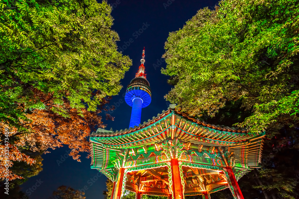 Namsan Park and N Seoul Tower at Night in Seoul,South Korea. Stock ...