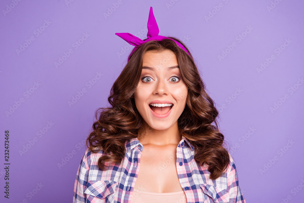 Close-up portrait of nice cheerful astonished stunned wondered g Close-up portrait of nice cheerful astonished stunned wondered g