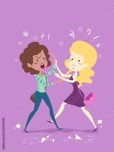 Girls Drunk Physical Fight Illustration