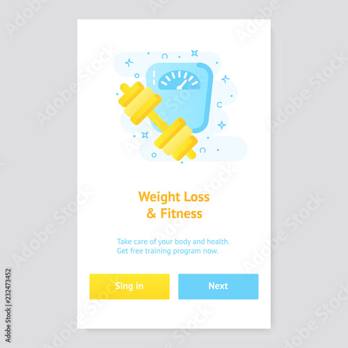 Healthy lifestyle banner concept with scales and barbell