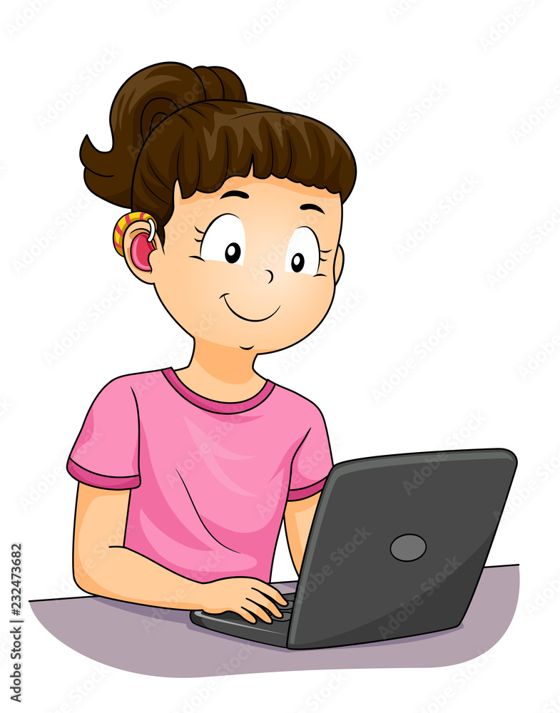 Kid Girl Deaf Hearing Aid Laptop Illustration Kid Girl Deaf Hearing Aid Laptop Illustration