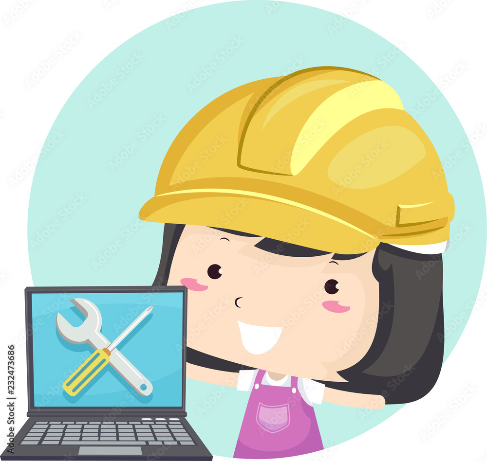 Kid Girl Laptop Under Maintenance Illustration Kid Girl Laptop Under Maintenance Illustration