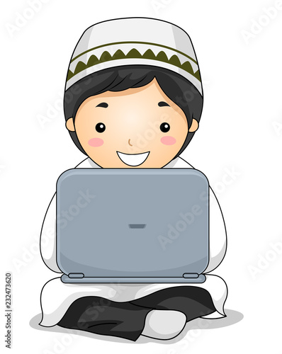 Kid Boy Muslim Laptop Illustration