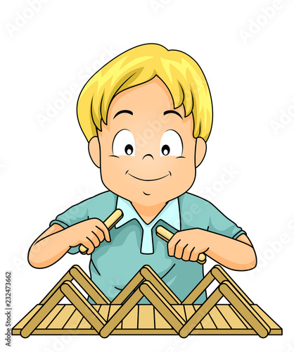 Kid Boy Build Bridge Popsicle Sticks Illustration