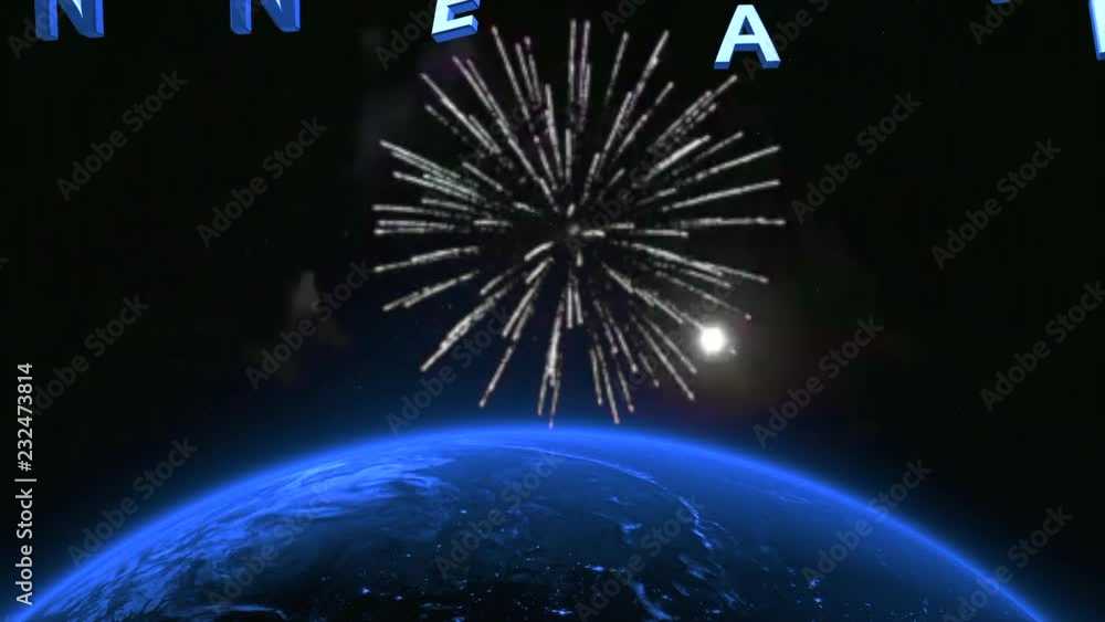  Fond de la planète Terre animée avec feux d'artifice, moderne avec bonne année 2019 dans l'espace, rendu abstrait avec titres en 3D Caméra lente en HD.