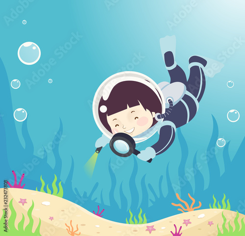 Kid Boy Magnifying Glass Observe Underwater
