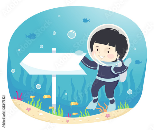 Kid Boy This Way Direction Underwater Illustration