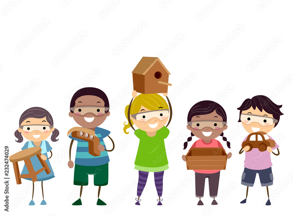 Stickman Kids Holding Woodwork Illustration Stickman Kids Holding Woodwork Illustration
