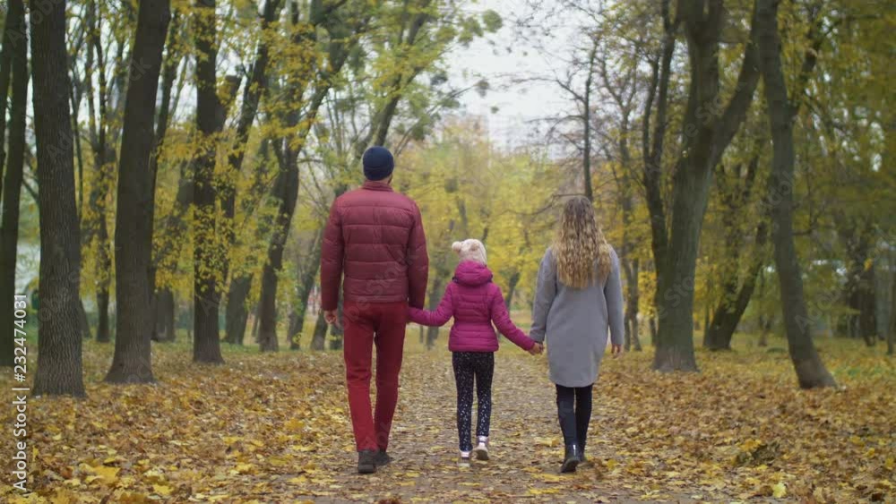 Rear view of happy family with little daughter enjoying fresh air and beautiful autumn nature while walking along footpath in park. Loving parents and child spending leisure outdoors in autumn. Rear view of happy family with little daughter enjoying fresh air and beautiful autumn nature while walking along footpath in park. Loving parents and child spending leisure outdoors in autumn.
