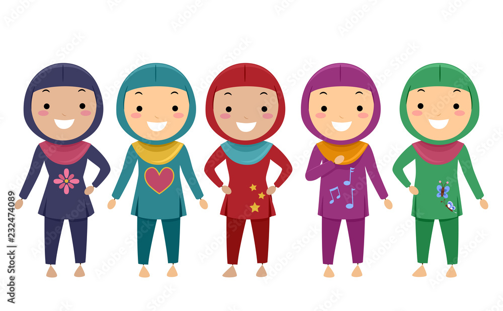 Stickman Kids Girls Muslim Swimwear Illustration Stickman Kids Girls Muslim Swimwear Illustration
