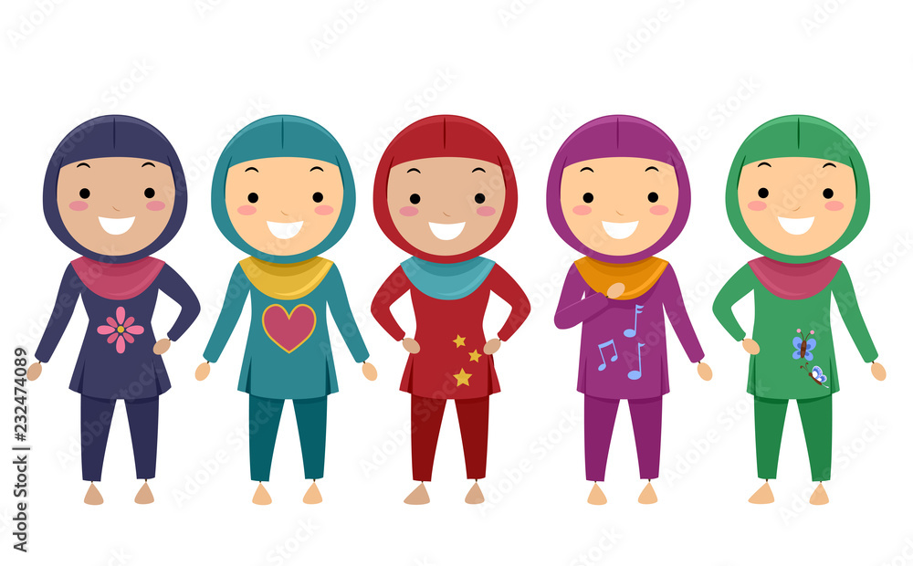 Stickman Kids Girls Muslim Swimwear Illustration