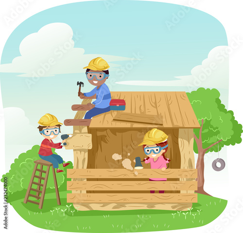 Stickman Kids Building Wooden House Illustration