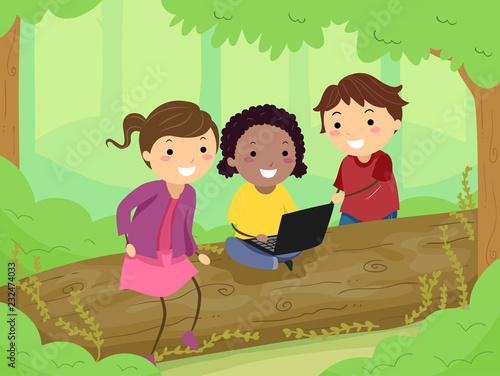 Stickman Kids Laptop In The Woods Illustration