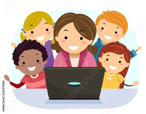 Stickman Kids Teacher Show Laptop Illustration