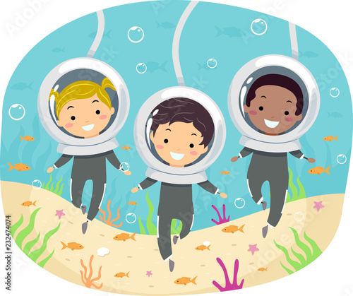 Stickman Kids Underwater Sea Walk Illustration