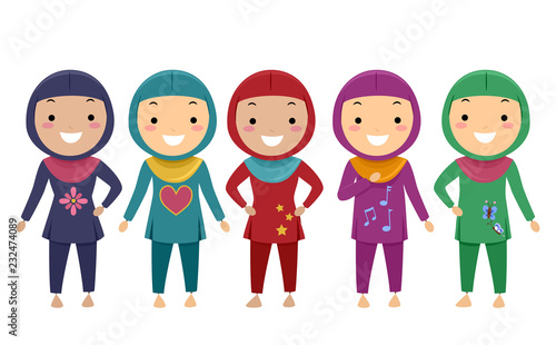Stickman Kids Girls Muslim Swimwear Illustration