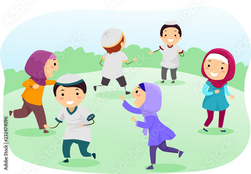 Stickman Kids Muslim Play Running Illustration
