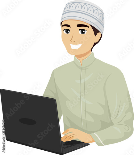 Teen Guy Muslim Laptop Illustration