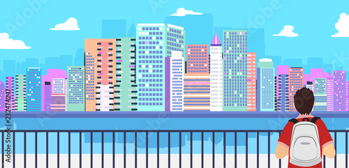 Teen Guy Watch Travel City Illustration