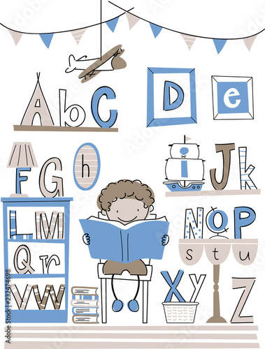 Stickman Kid Boy Room Illus...