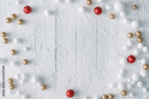 Christmas background composition with snow and decoration.New Year Flat lay. Top view. photo