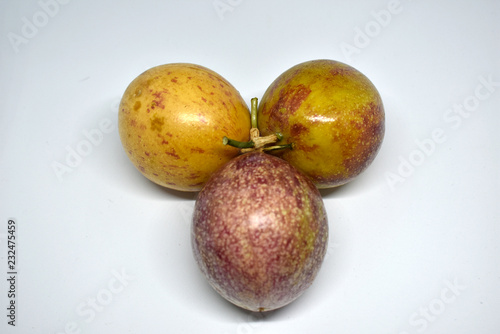 Passion fruits were arranged on a white background.