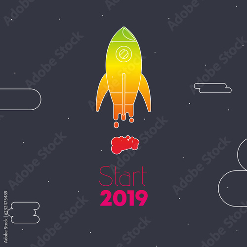 Grußkarte mit farbenfroher Rakete zu einem tollen Start ins neue Jahr 2019