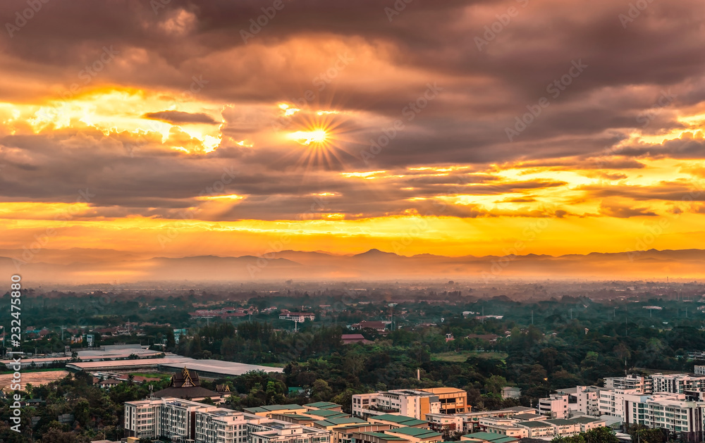 CHIANG MAI, THAILAND - OCTOBER 29, 2018: Beautiful sunrise over Chiang Mai City in Thailand.